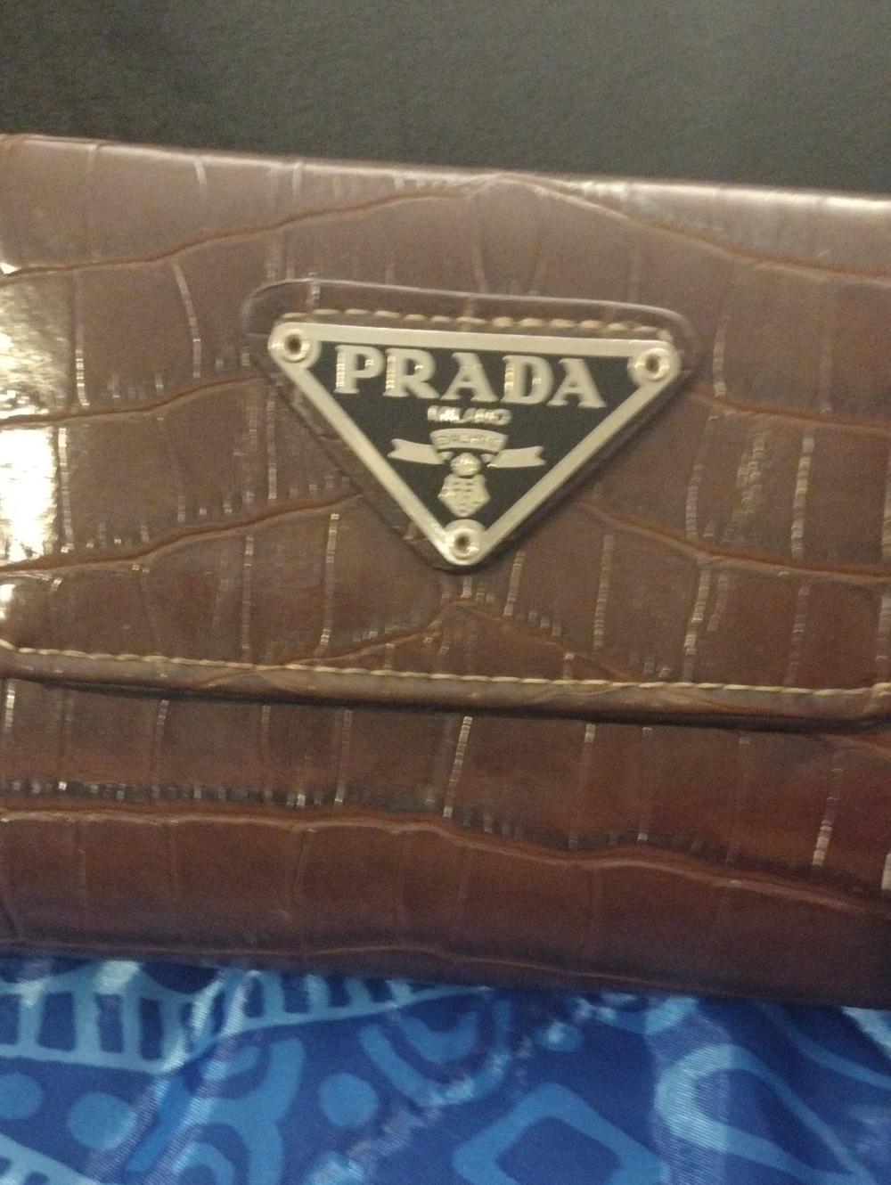 Prada Brown Croc-Embossed Leather Compact Wallet with Triangle Logo